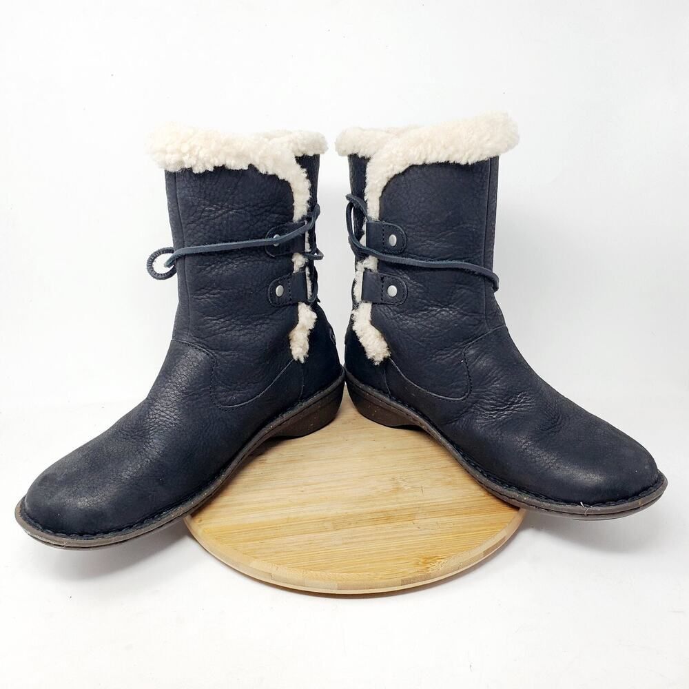 UGG Akadia Boots Women 9 Black Nubuck‎ Leather Shearling Wrap Tie Winter Shoes - Picture 5 of 13